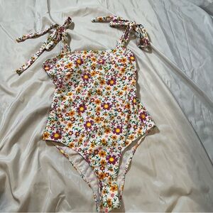 Flower print white 1 piece bathing suit